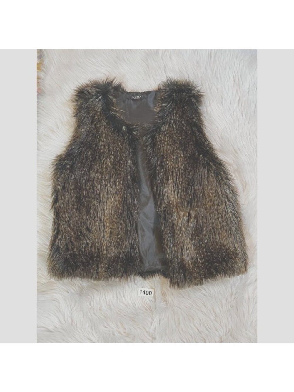 Luma Womens Vest Lg Brown Open Faux Fur Front Hip Length Italy